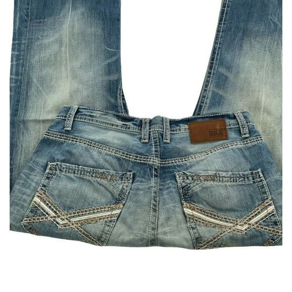BKE Tyler Jeans Men's Size 32R Straight Leg Medium Wash Whiskers Stitched Denim - Picture 7 of 12